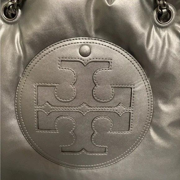 Tory Burch Metallic Silver ToteTory Burch Ella Metallic Puffy Chain Tote